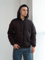 Мужская Теплая Коричневая Кофта Зипка на Флисе - Худи Свободного Кроя на Молнии