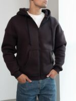 Мужская Теплая Коричневая Кофта Зипка на Флисе - Худи Свободного Кроя на Молнии