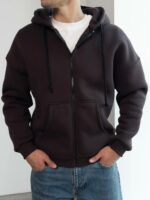 Мужская Теплая Коричневая Кофта Зипка на Флисе - Худи Свободного Кроя на Молнии