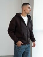 Мужская Теплая Коричневая Кофта Зипка на Флисе - Худи Свободного Кроя на Молнии