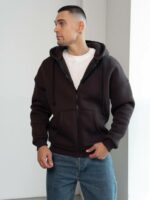 Мужская Теплая Коричневая Кофта Зипка на Флисе - Худи Свободного Кроя на Молнии