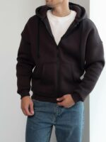 Мужская Теплая Коричневая Кофта Зипка на Флисе - Худи Свободного Кроя на Молнии