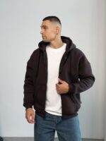 Мужская Теплая Коричневая Кофта Зипка на Флисе - Худи Свободного Кроя на Молнии