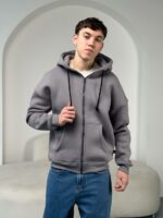 Мужская Теплая Серая Кофта Зипка на Флисе - Худи Свободного Кроя на Молнии