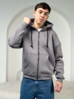 Мужская Теплая Серая Кофта Зипка на Флисе - Худи Свободного Кроя на Молнии