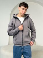 Мужская Теплая Серая Кофта Зипка на Флисе - Худи Свободного Кроя на Молнии