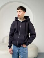 Мужская Теплая Графитовая Кофта Зипка на Флисе - Худи Свободного Кроя на Молнии