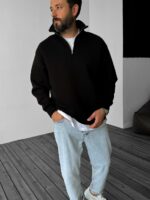 Мужская Черная Кофта Оверсайз под Горло - Утепленная с Начесом