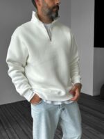 Мужская Белая Кофта Оверсайз под Горло - Утепленная с Начесом