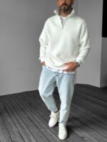 Мужская Белая Кофта Оверсайз под Горло - Утепленная с Начесом