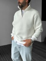 Мужская Белая Кофта Оверсайз под Горло - Утепленная с Начесом