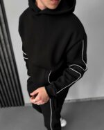 Мужской Черный Костюм Худи Штаны с Полосками Кантом - Утепленный на Флисе