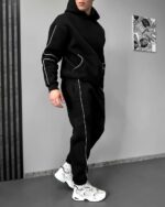 Мужской Черный Костюм Худи Штаны с Полосками Кантом - Утепленный на Флисе