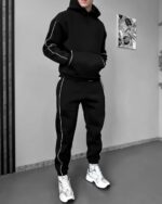 Мужской Черный Костюм Худи Штаны с Полосками Кантом - Утепленный на Флисе