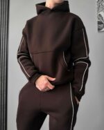 Мужской Коричневый Костюм Худи Штаны с Полосками Кантом - Утепленный на Флисе