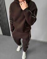Мужской Коричневый Костюм Худи Штаны с Полосками Кантом - Утепленный на Флисе