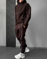 Мужской Коричневый Костюм Худи Штаны с Полосками Кантом - Утепленный на Флисе