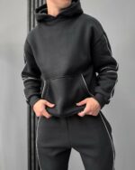 Мужской Графитовый Костюм Худи Штаны с Полосками Кантом - Утепленный на Флисе