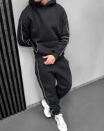 Мужской Графитовый Костюм Худи Штаны с Полосками Кантом - Утепленный на Флисе