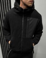 Мужская Теплая Флисовая Черная Кофта с Капюшоном - Свободная Флиска на Молнии