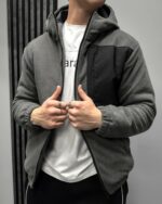 Мужская Теплая Флисовая Темно-Серая Кофта с Капюшоном - Свободная Флиска на Молнии