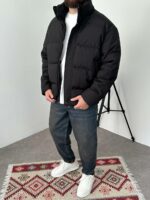 Мужская Зимняя Черная Оверсайз Куртка с Высоким Горлом на Молнии