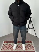 Мужская Зимняя Черная Оверсайз Куртка с Высоким Горлом на Молнии