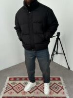 Мужская Зимняя Черная Оверсайз Куртка с Высоким Горлом на Молнии