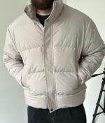 Мужская Зимняя Серая Оверсайз Куртка с Высоким Горлом на Молнии