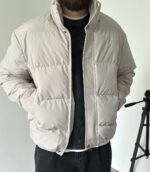 Мужская Зимняя Серая Оверсайз Куртка с Высоким Горлом на Молнии