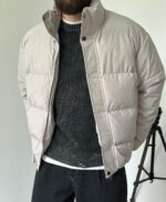 Мужская Зимняя Серая Оверсайз Куртка с Высоким Горлом на Молнии