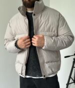 Мужская Зимняя Серая Оверсайз Куртка с Высоким Горлом на Молнии