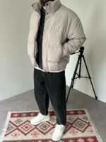 Мужская Зимняя Серая Оверсайз Куртка с Высоким Горлом на Молнии