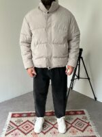 Мужская Зимняя Серая Оверсайз Куртка с Высоким Горлом на Молнии