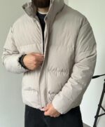 Мужская Зимняя Серая Оверсайз Куртка с Высоким Горлом на Молнии