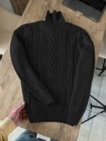 Мужской Теплый Шерстяной Черный Свитер Гольф Косичка с Отворотом на Горловине