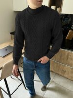 Мужской Теплый Шерстяной Черный Свитер Гольф Косичка с Отворотом на Горловине