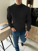 Мужской Теплый Шерстяной Черный Свитер Гольф Косичка с Отворотом на Горловине