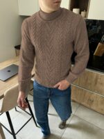 Мужской Теплый Шерстяной Мокко Свитер Гольф Косичка с Отворотом на Горловине