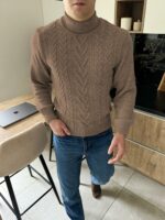 Мужской Теплый Шерстяной Мокко Свитер Гольф Косичка с Отворотом на Горловине