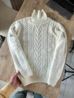 Мужской Теплый Шерстяной Молочный Свитер Гольф Косичка с Отворотом на Горловине