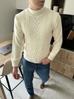 Мужской Теплый Шерстяной Молочный Свитер Гольф Косичка с Отворотом на Горловине