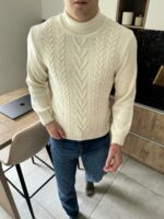 Мужской Теплый Шерстяной Молочный Свитер Гольф Косичка с Отворотом на Горловине