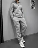 Мужской Базовый Серый Костюм под Горло с Кантом и Коротким Замком - Утепленный на Флисе