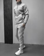 Мужской Базовый Серый Костюм под Горло с Кантом и Коротким Замком - Утепленный на Флисе