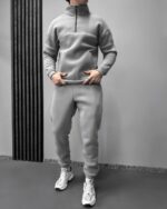 Мужской Базовый Серый Костюм под Горло с Кантом и Коротким Замком - Утепленный на Флисе