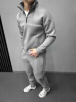 Мужской Базовый Серый Костюм под Горло с Кантом и Коротким Замком - Утепленный на Флисе