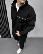 Мужской Базовый Черный Костюм под Горло с Кантом и Коротким Замком - Утепленный на Флисе