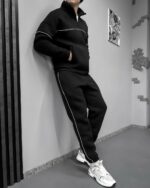 Мужской Базовый Черный Костюм под Горло с Кантом и Коротким Замком - Утепленный на Флисе