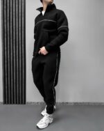 Мужской Базовый Черный Костюм под Горло с Кантом и Коротким Замком - Утепленный на Флисе